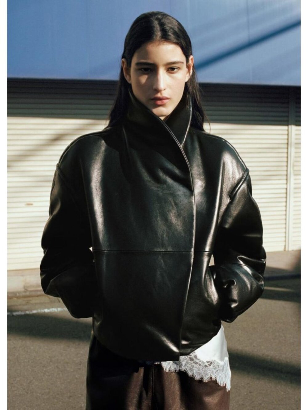 MANGO SELECTION  LEATHER BOMBER JACKET WITH WRAPAROUND COLLAR